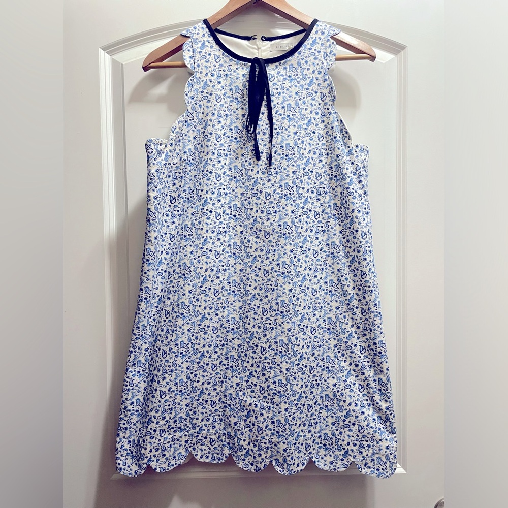 Used English Factory Blue/White Floral Paisley Scalloped Mini Dress, Size M,